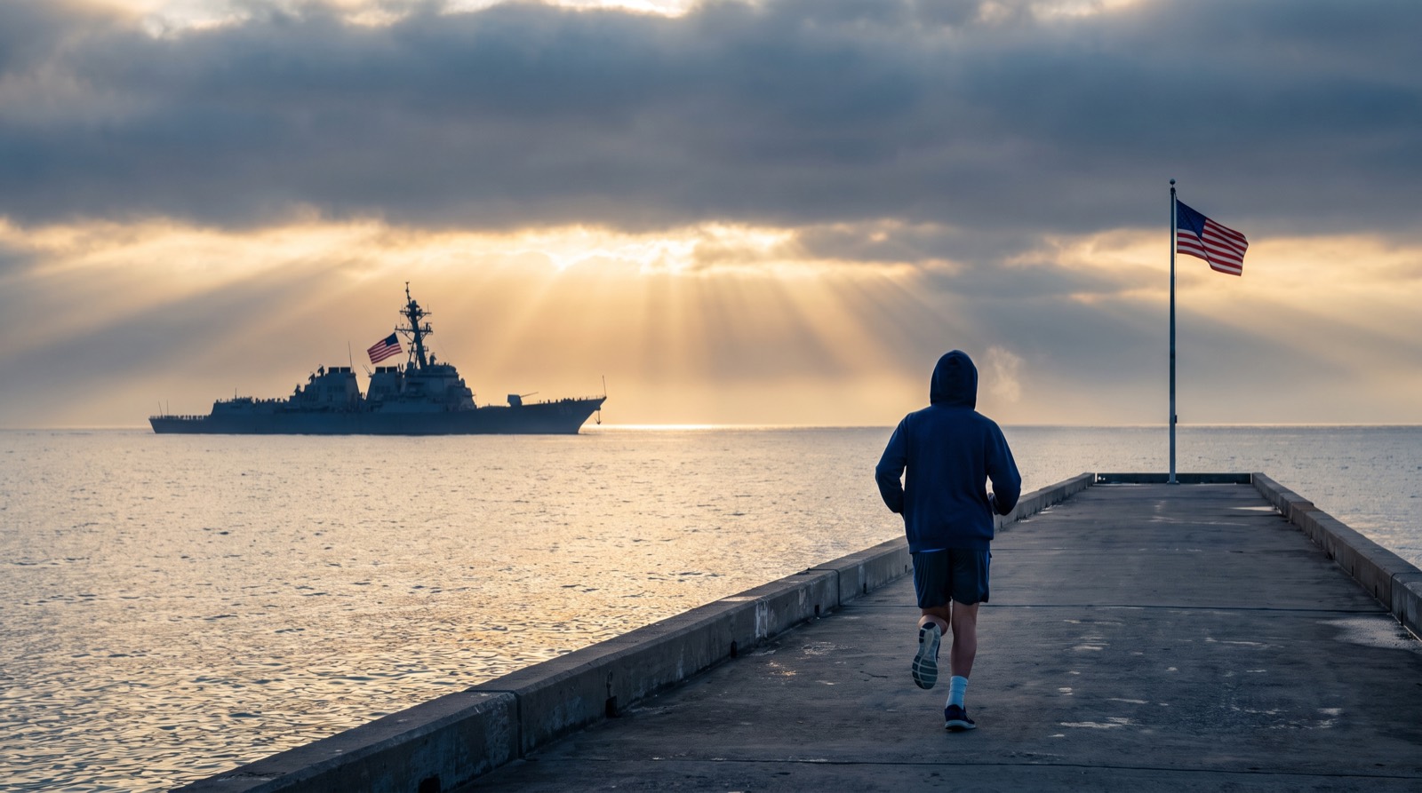 Runner on a pier at dawn with a Navy destroyer on the horizon